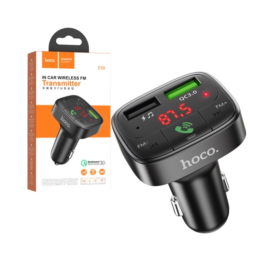 Transmissor FM Sem Fio Hoco E59 Promise QC3.0 Porta USB Dupla Preto